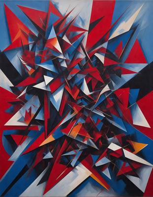 The primary subject of the image is a large, abstract painting featuring a mix of red, blue, and white colors. The painting is a combination of geometric shapes and lines, creating a visually striking and intricate design. The setting is a wall, and the visual style is a mix of digital art and illustration. The dominant colors in the painting are red, blue, and white, creating a bold and vibrant atmosphere.